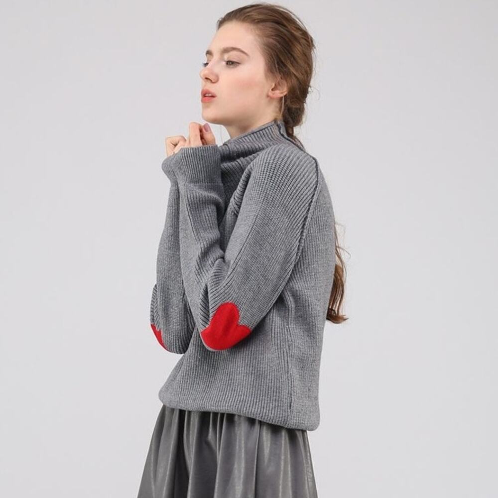 Chicwish Gray Turtleneck Sweater with Red Heart Elbows
